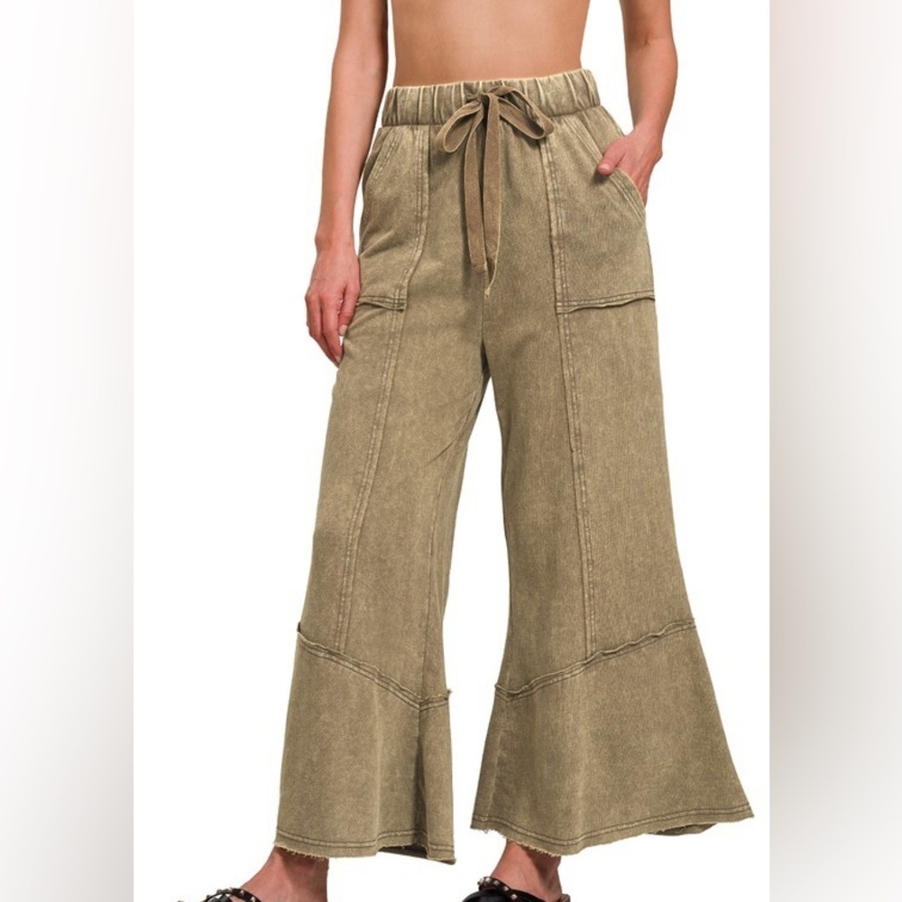 Khaki Wide-Leg Crop Pant with Tie Waist